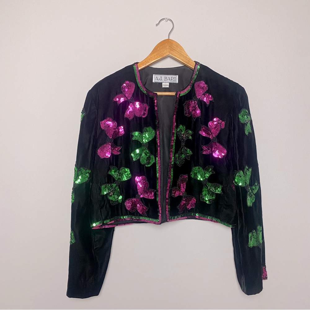 Vintage Black Velvet Sequined Beaded Bows Open Front Cropped Jacket